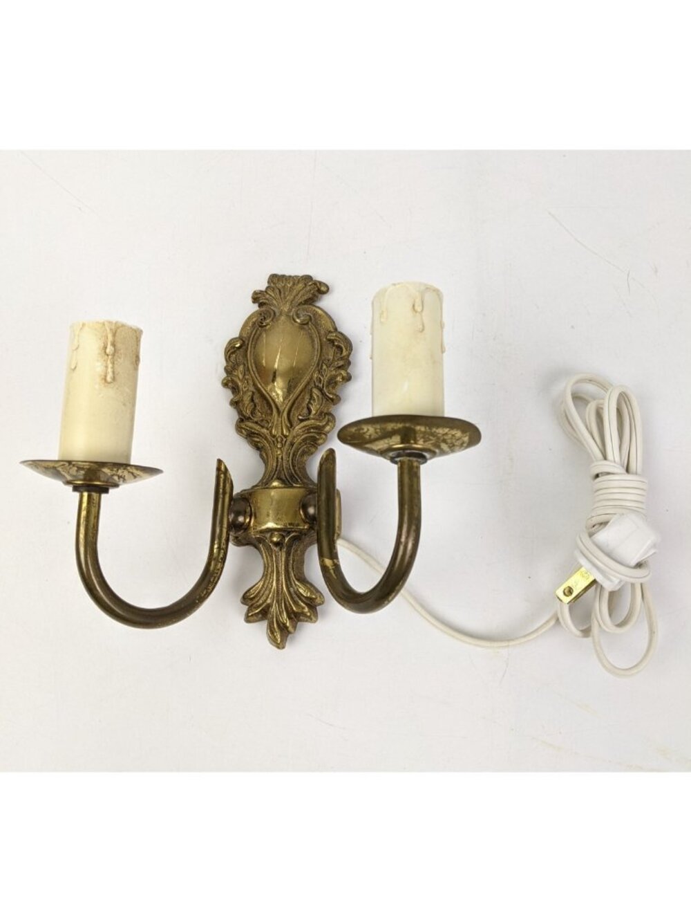 Vintage Brass Double Arm Wall Sconce Ornate Electric Candle Style Light